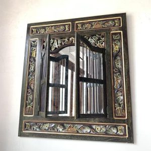 Cermin Hias Dinding Jendela Ukir Kayu Jati Motif Bunga Home Decoration